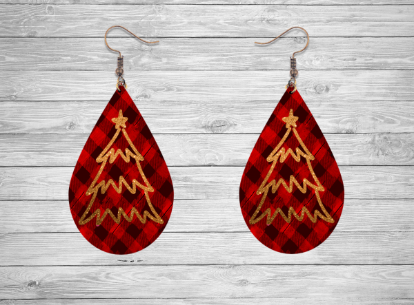 Buffalo Plaid/Gold Christmas Tree Teardrop Earring