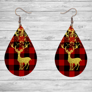 Buffalo Plaid/Gold Reindeer Teardrop Earring