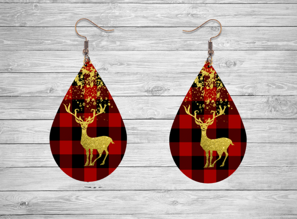 Buffalo Plaid/Gold Reindeer Teardrop Earring