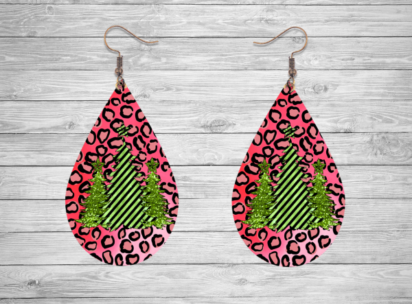 Pink Leopard With Trees Earrings