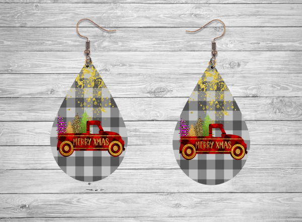 Black Plaid Christmas Truck Earrings