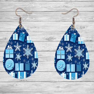 Blue and White Christmas Scene Teardrop Earrings