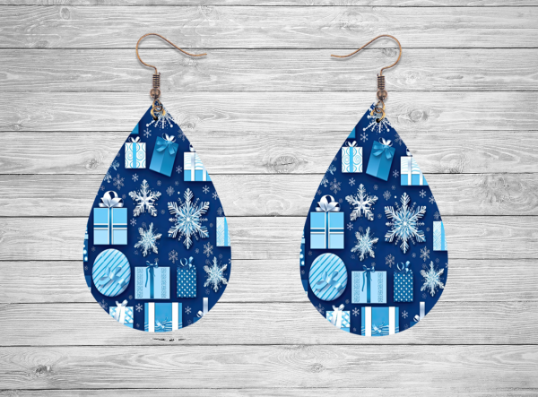 Blue and White Christmas Scene Teardrop Earrings