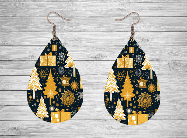 Black and Gold Christmas Scene Teardrop Earrings