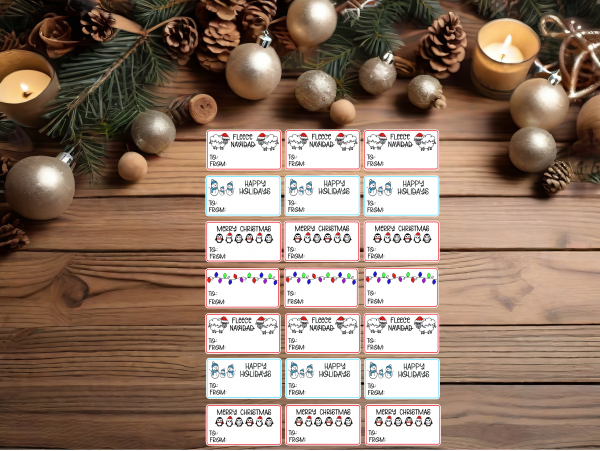 Fleece Navidad, Happy Holidays, Merry Christmas, and Christmas Lights Gift Labels