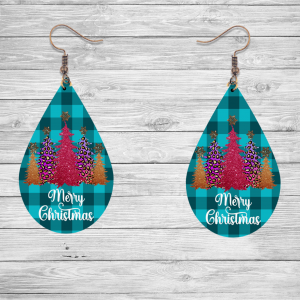 Green Plaid with Christmas Trees Teardrop Earrings