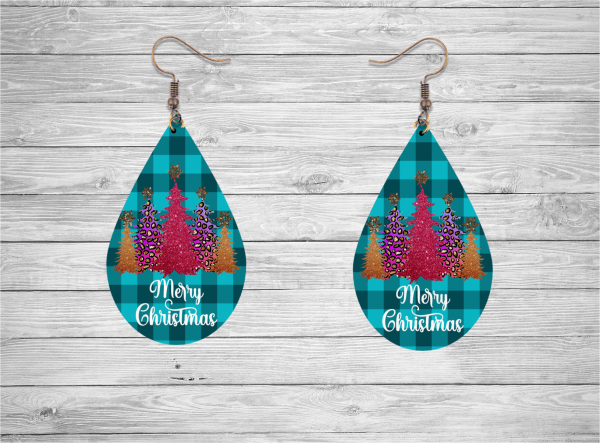 Green Plaid with Christmas Trees Teardrop Earrings