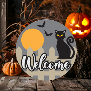 Black Cat Welcome Wood Door Sign