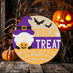 Gnome Trick or Treat Wood Door Sign